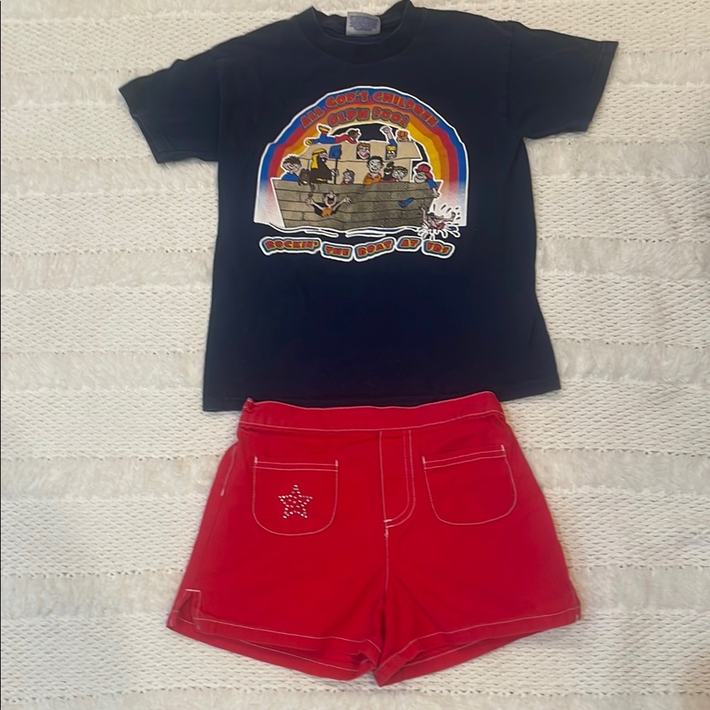 Hanes Graphic noah’s Ark T-shirt Red rhinestone star Shorts 100% cotton girls 8